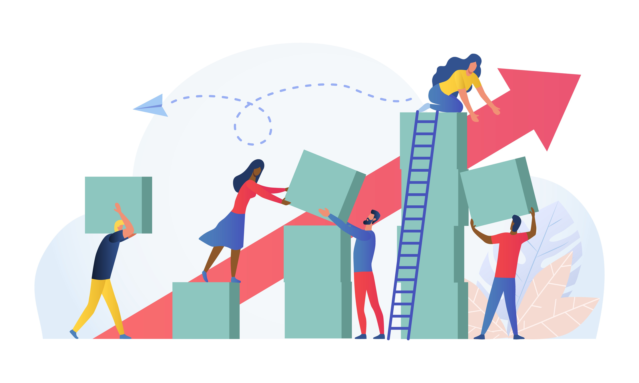 Composition with group of multiracial employees, managers or office workers moving boxes to assemble towers. Concept of teamwork, team building and building successful business. Vector illustration.