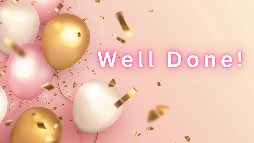 gold and pink balloons with golf confetti and well done text