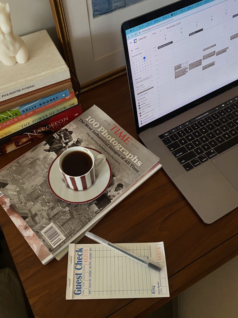 Work perks desk at home with coffee and laptop